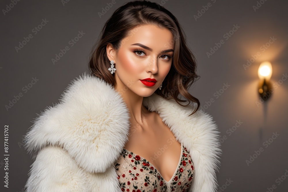 A glamorous evening in a furry embrace: a womans graceful portrait A glamorous evening in a furry embrace: a womans graceful portrait