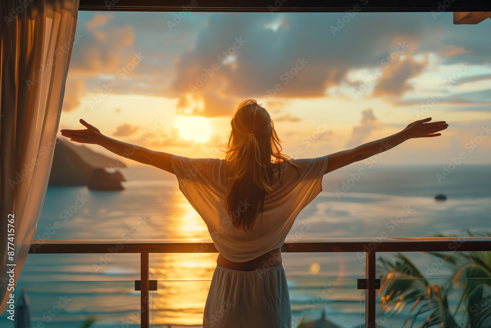 Fototapeta premium Young woman with arms outstretched breathing in fresh air during sunrise at the balcony, vacation location in background.