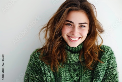 white backdrop photo of cheerful young woman smiling