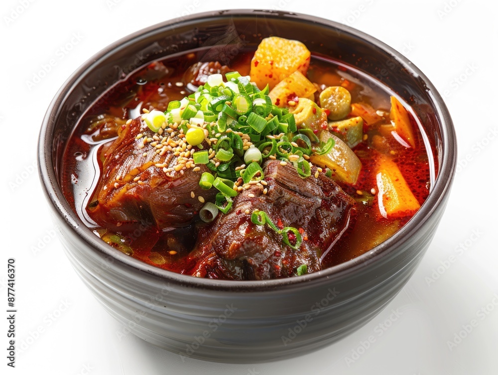 Korean Soup. Gori Gomtang, Oxtail Soup in Traditional Korean Bowl on White Background Korean Soup. Gori Gomtang, Oxtail Soup in Traditional Korean Bowl on White Background