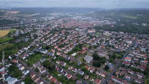Aerial panorama view the old town of Bad Mergentheim on a cloudy day in Germany.