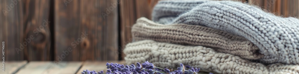 Lavender Fabric. Closeup Knitwear Collection with Bouquet of Lavender on Cozy Background Lavender Fabric. Closeup Knitwear Collection with Bouquet of Lavender on Cozy Background