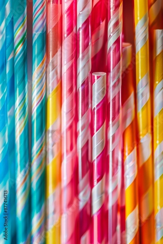 Elegant straw art. Colorful beautiful straw wallpaper abstract. Rainbow-colored texture. Party gear. photo