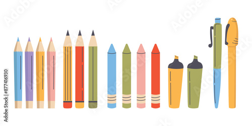 Set of different colored pencils and pens. Vector illustration in flat style