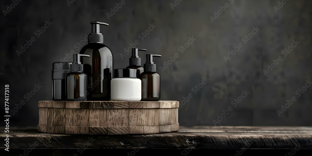 Display of Various Products on Rustic Wood Podium with Dark Background. Concept Product Display, Rustic Wood, Dark Background, Various Products Display of Various Products on Rustic Wood Podium with Dark Background. Concept Product Display, Rustic Wood, Dark Background, Various Products