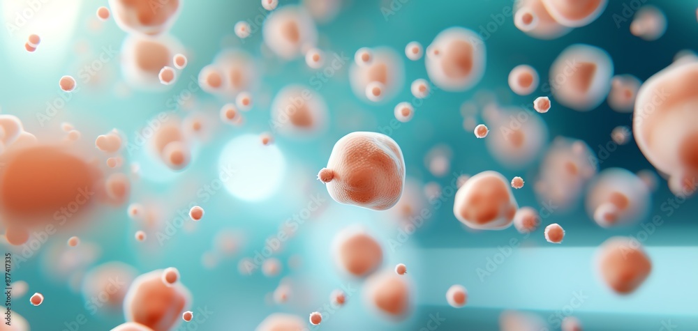 Close-up visualization of floating cells on a teal background, representing biological science and research. Close-up visualization of floating cells on a teal background, representing biological science and research.