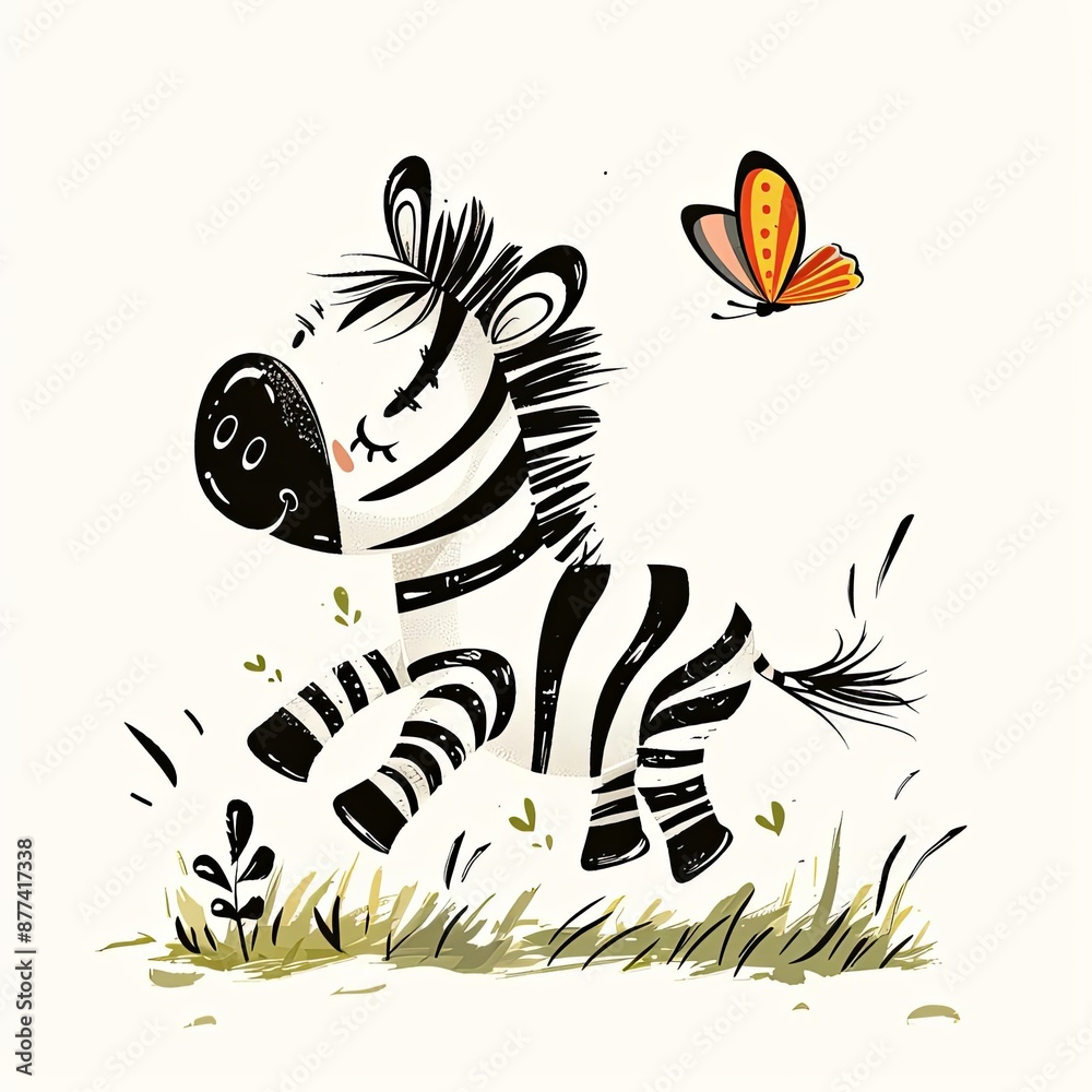 Cute cartoon zebra with a butterfly in a grassy field. Cute cartoon zebra with a butterfly in a grassy field.