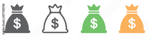 Money bag icon set. Dollar money with sack. Symbols money bag or stash, coin sack sign, business, banking, vector.