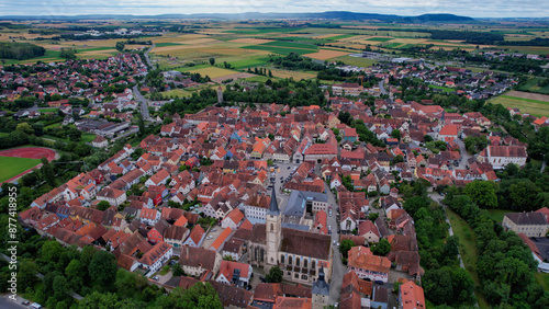 Aerial panorama view the old town of Iphofen on a cloudy day in Germany. photo