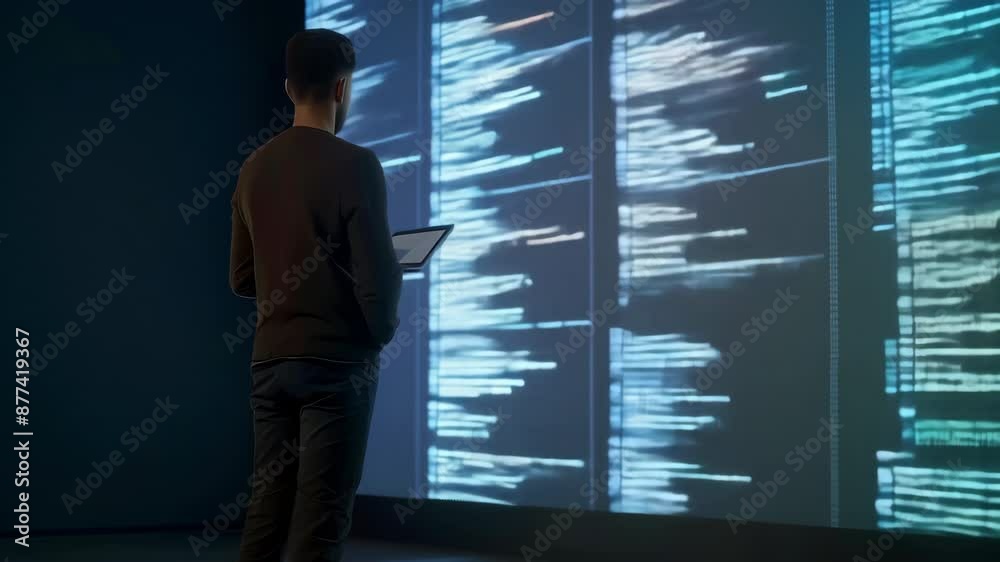 A person stands in front of a large screen displaying lines of programming code, symbolizing technology and software development.