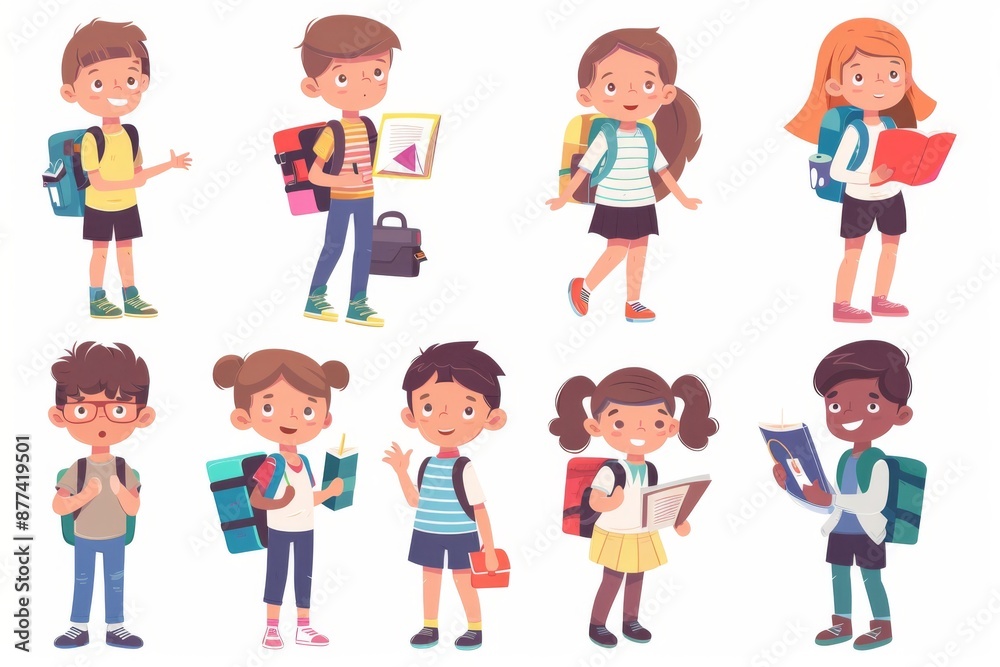 School students vector characters. Back to school classmates elementary student characters in education activities like presenting and playing. School students vector characters. Back to school classmates elementary student characters in education activities like presenting and playing.