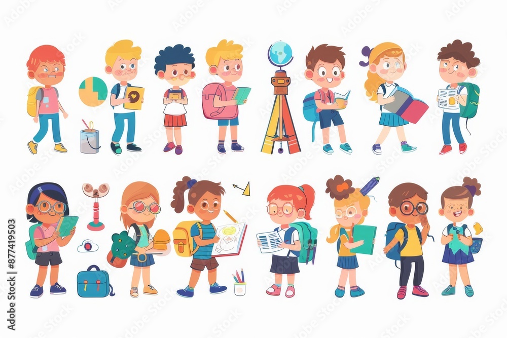 School students vector characters set. Back to school classmates elementary student characters in education activities like presenting and playing. School students vector characters set. Back to school classmates elementary student characters in education activities like presenting and playing.