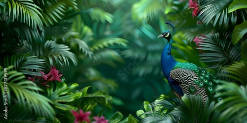 3D Rendering of a Vibrant Jungle Scene with Peacock Leaves, Flowers, and Distant Arch. Concept 3D Rendering, Vibrant Jungle Scene, Peacock Leaves, Flowers, Distant Arch, Nature Illustration