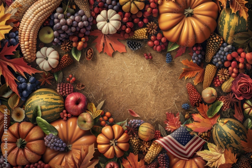 A festive top-down vector background featuring 'Thanksgiving Day' text, American flags, harvest symbols, and autumn colors. Perfect for Thanksgiving-themed designs and celebrations. A festive top-down vector background featuring 'Thanksgiving Day' text, American flags, harvest symbols, and autumn colors. Perfect for Thanksgiving-themed designs and celebrations.