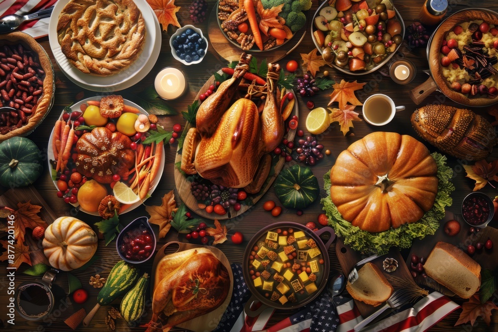 Vector art featuring 'THANKSGIVING DAY' text, American flags, fall leaves, and traditional Thanksgiving food, seen from above Vector art featuring 'THANKSGIVING DAY' text, American flags, fall leaves, and traditional Thanksgiving food, seen from above