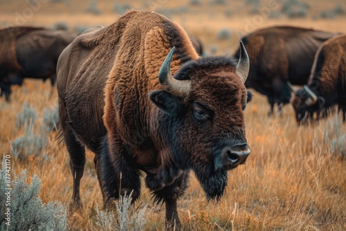 Yellowstone Wildlife. Grazing Herd of Buffalo in Natural Safari Grassland