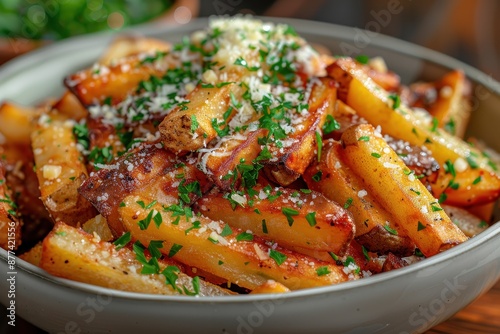 A luxurious serving of truffle fries, topped with Parmesan cheese and fresh parsley.  © Nico