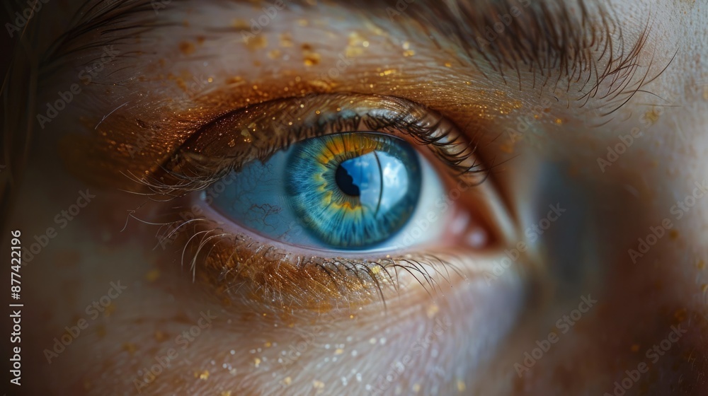A close-up image of a persons blue eye with gold glitter makeup applied to the eyelid. A close-up image of a persons blue eye with gold glitter makeup applied to the eyelid.