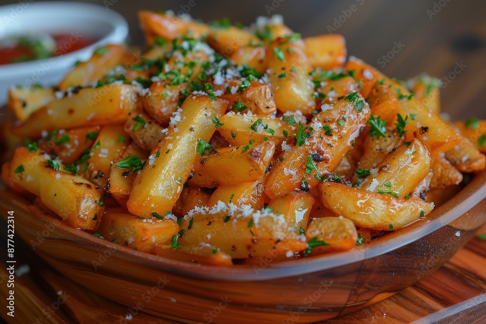 A luxurious serving of truffle fries, topped with Parmesan cheese and fresh parsley. A luxurious serving of truffle fries, topped with Parmesan cheese and fresh parsley.