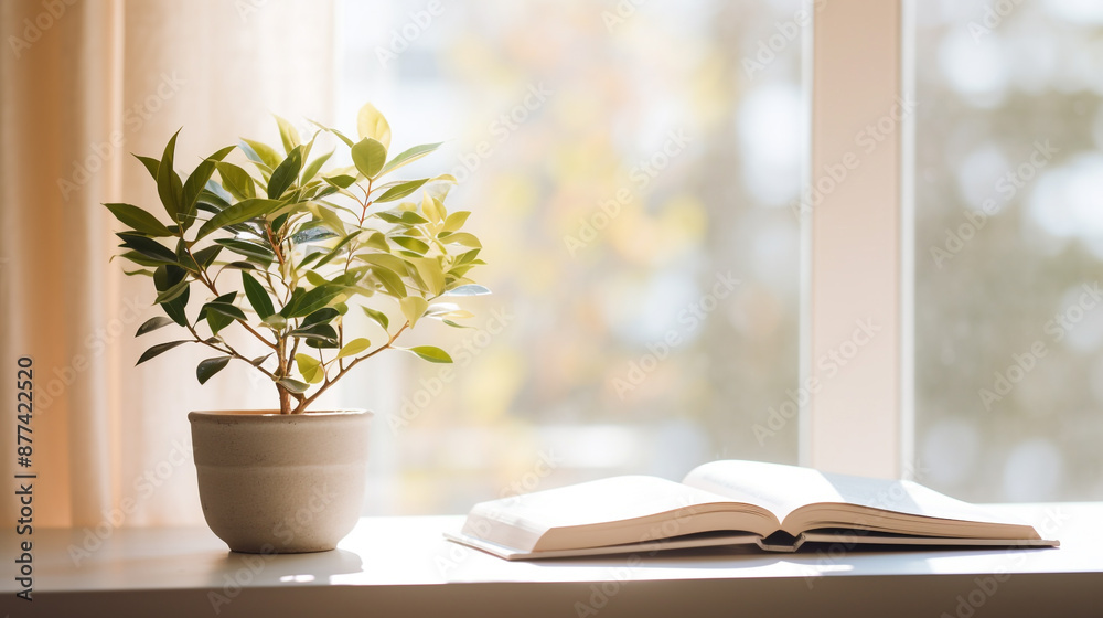 Potted plant and book on white table against blurred window with sun rays Potted plant and book on white table against blurred window with sun rays