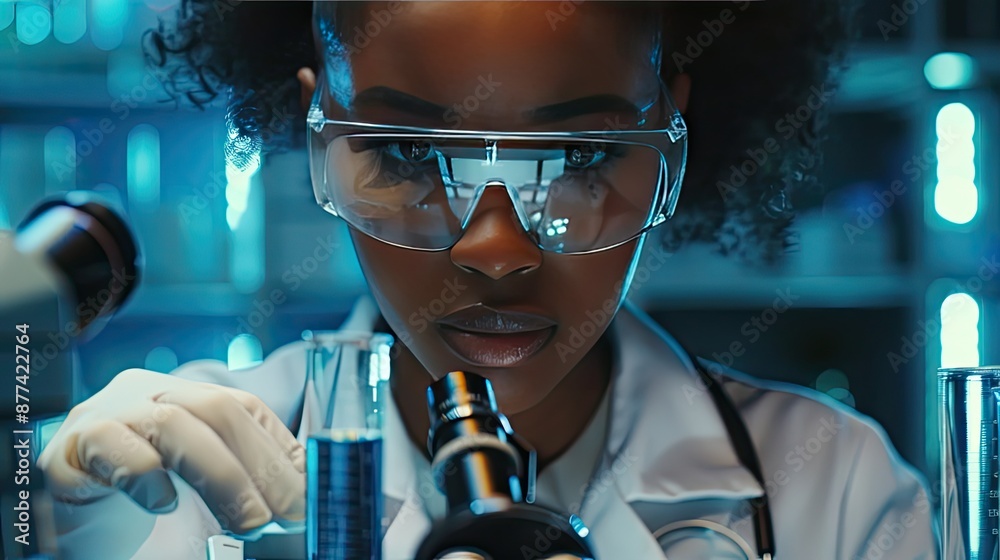 African American Female Scientist Examining a Sample Under a Microscope African American Female Scientist Examining a Sample Under a Microscope