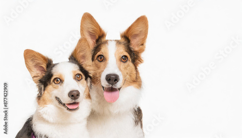 dogs peeking over white edge. Web banner. Cute pets. White background.