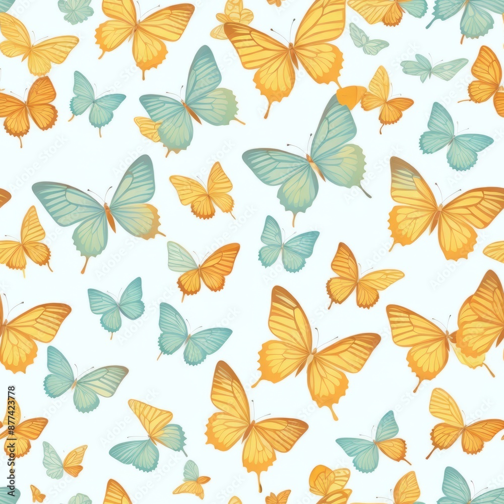 Obraz premium A seamless pattern of watercolor butterflies in shades of pink and azure on a white background, showcasing pollinator insects and arthropods in a beautiful painting