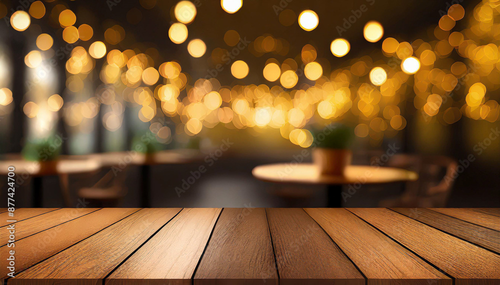 empty wood table top on blur light gold bokeh of cafe restaurant in dark background empty wood table top on blur light gold bokeh of cafe restaurant in dark background
