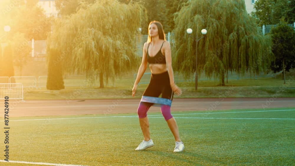 young woman doing sports at the stadium in the sunset, gymnastics in nature, a girl with a beautiful figure squats with a gymnastic band young woman doing sports at the stadium in the sunset, gymnastics in nature, a girl with a beautiful figure squats with a gymnastic band
