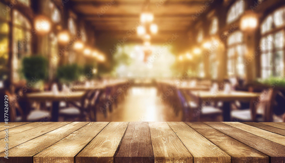 empty wood table top on blur light gold bokeh of cafe restaurant in dark background empty wood table top on blur light gold bokeh of cafe restaurant in dark background