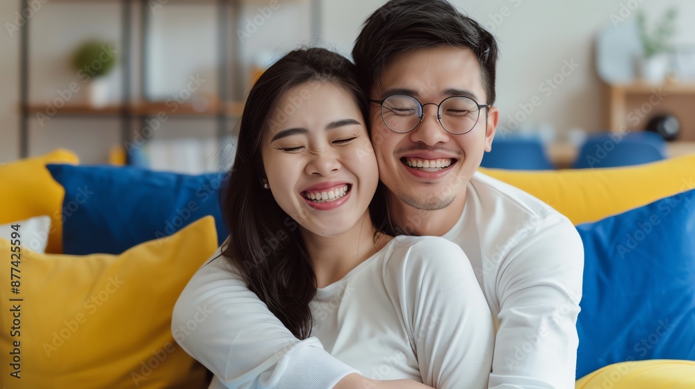 A cheerful couple wearing white shirts, sharing a warm embrace and smiling brightly in a cozy living room setting with colorful cushions. A cheerful couple wearing white shirts, sharing a warm embrace and smiling brightly in a cozy living room setting with colorful cushions.