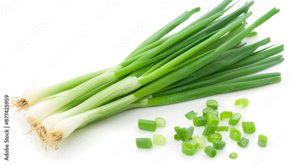 Freshly Cut Green Scallion Onions Ready to Eat on White Background Freshly Cut Green Scallion Onions Ready to Eat on White Background
