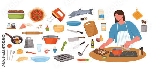 Cooking and kitchen tools. Woman chef preparing food with collection of ingredients and cooking utensils. Recipe creation kit for home cooking, dinner preparation, housewife hobby vector set.