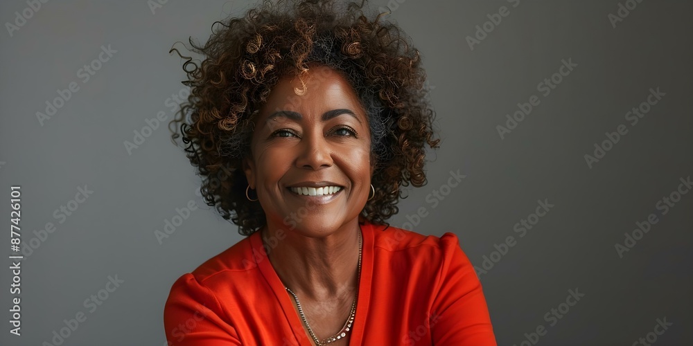 Portrait of a Happy Black Woman in Her 50s with Curly Hair on Grey Background. Concept Portrait Photography, Mature Model, Curly Hair, Grey Background, Black Woman Portrait of a Happy Black Woman in Her 50s with Curly Hair on Grey Background. Concept Portrait Photography, Mature Model, Curly Hair, Grey Background, Black Woman