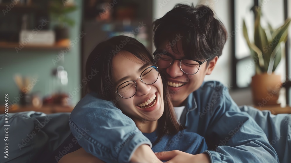 Happy couple embracing and laughing together at home in cozy setting, enjoying each other's company and sharing moments of joy. Happy couple embracing and laughing together at home in cozy setting, enjoying each other's company and sharing moments of joy.