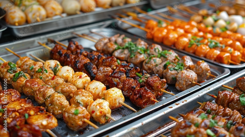 Assorted grilled skewers with various meats and vegetables, garnished with herbs, served at a street food market. Assorted grilled skewers with various meats and vegetables, garnished with herbs, served at a street food market.