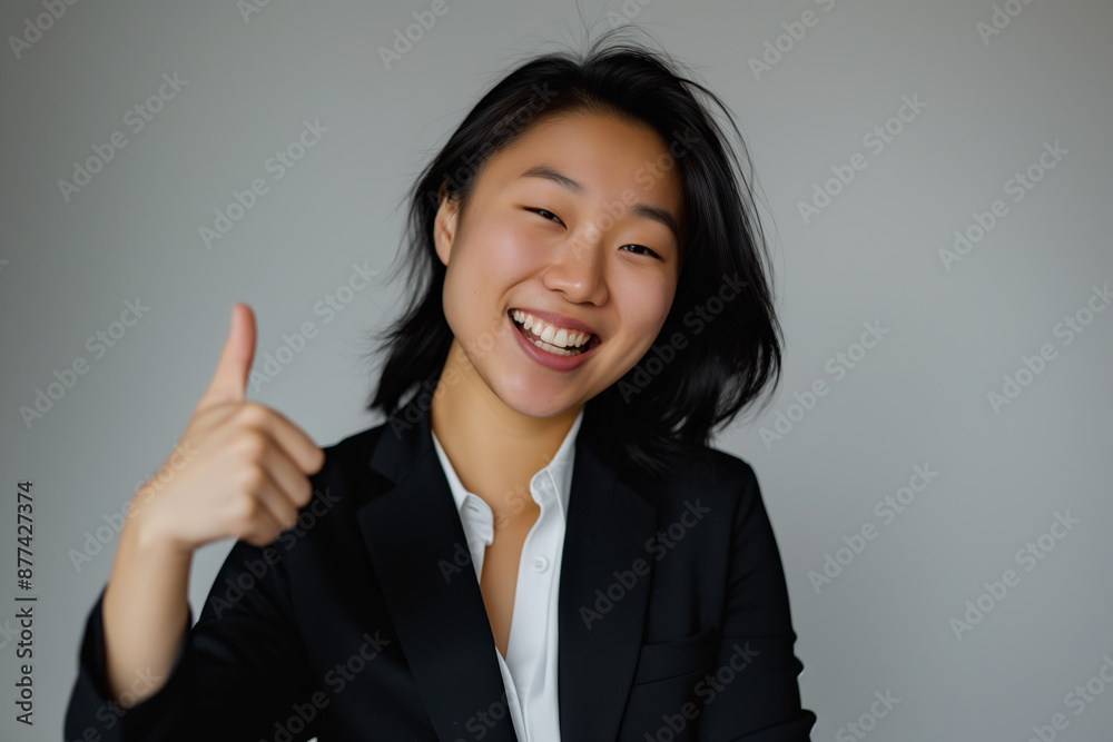 Happy Young Woman in Business Attire Giving Thumbs Up with Positive Attitude Against Neutral Background Happy Young Woman in Business Attire Giving Thumbs Up with Positive Attitude Against Neutral Background