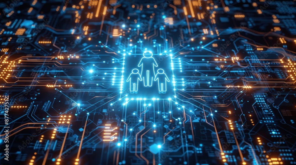 Futuristic digital family concept on circuit board with neon lights, showcasing innovation in technology and connection. Futuristic digital family concept on circuit board with neon lights, showcasing innovation in technology and connection.
