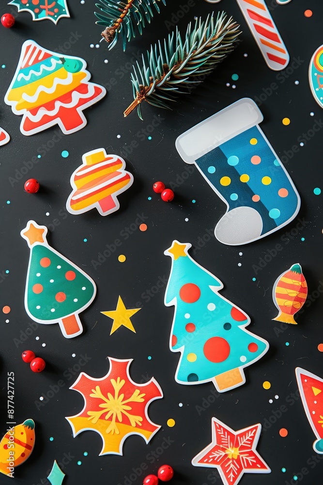 Colorful Christmas-themed stickers on a dark background Colorful Christmas-themed stickers on a dark background