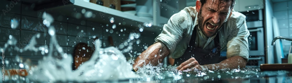 Fototapeta premium Intense chef working in a chaotic kitchen environment, with water splashes emphasizing the dynamic and fast-paced atmosphere.