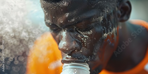 Closeup photo of soccer player Vinicius Jr drinking Gatorade taken with iPhone. Concept Sports Photography, Close-up Shots, Athlete Portraits, Product Placement, iPhone Photography photo