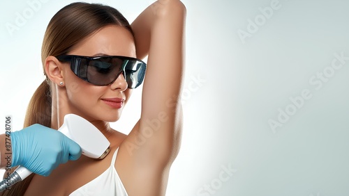 Hair removal for smooth skin, laser procedure in a beauty studio or clinic. A cosmetologist removes hair from a woman's armpits. Diode laser hair removal, body care.