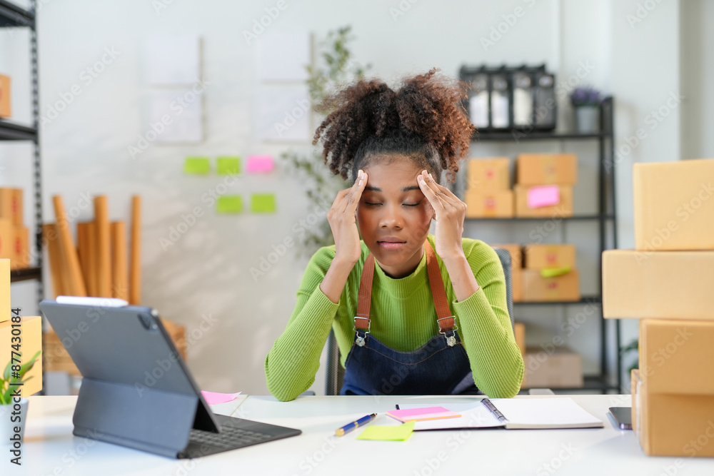 © amnaj - Young female entrepreneur in her office experiences stress and a headache while managing her business