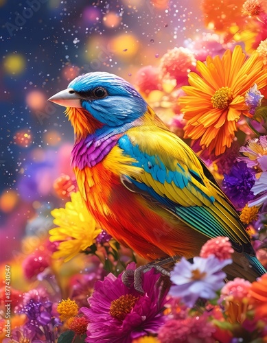 A vibrant bird perches gracefully above a cluster of colorful flowers in full bloom