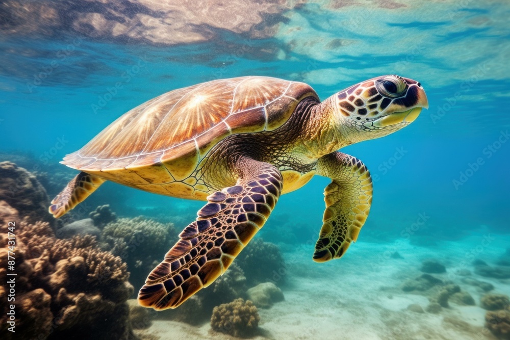 Radiant sea turtle gliding through crystal clear waters above a vibrant coral reef Radiant sea turtle gliding through crystal clear waters above a vibrant coral reef