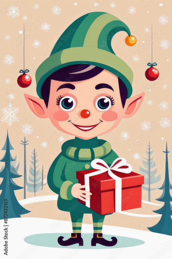 Happy Christmas greeting card, elf holding holiday gifts and decorations, funny retro cartoon christmas character.