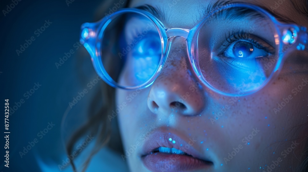 A close-up photo of a young woman wearing clear glasses with blue light reflecting in her eyes. A close-up photo of a young woman wearing clear glasses with blue light reflecting in her eyes.