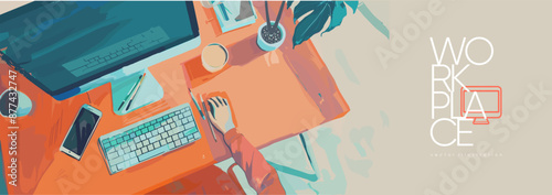 Top View of Modern Workspace with Desktop Computer - Vector Illustration. Vibrant colors, organized desk, and contemporary design. Perfect for productivity, home office, and remote work themes