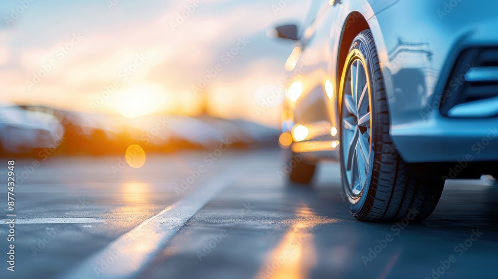 Close-up of a modern car parked on a sunny day, with focus on the tire and sunset in the background. Close-up of a modern car parked on a sunny day, with focus on the tire and sunset in the background.