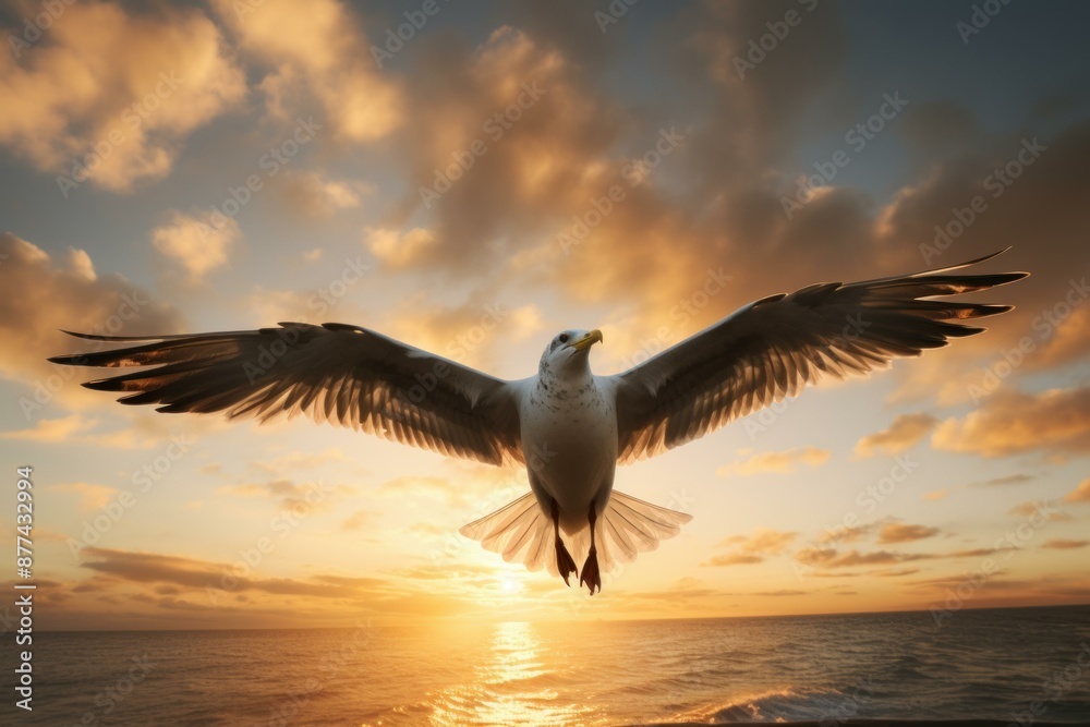 Fototapeta premium Seagull with spread wings soars against a stunning sunset over the ocean